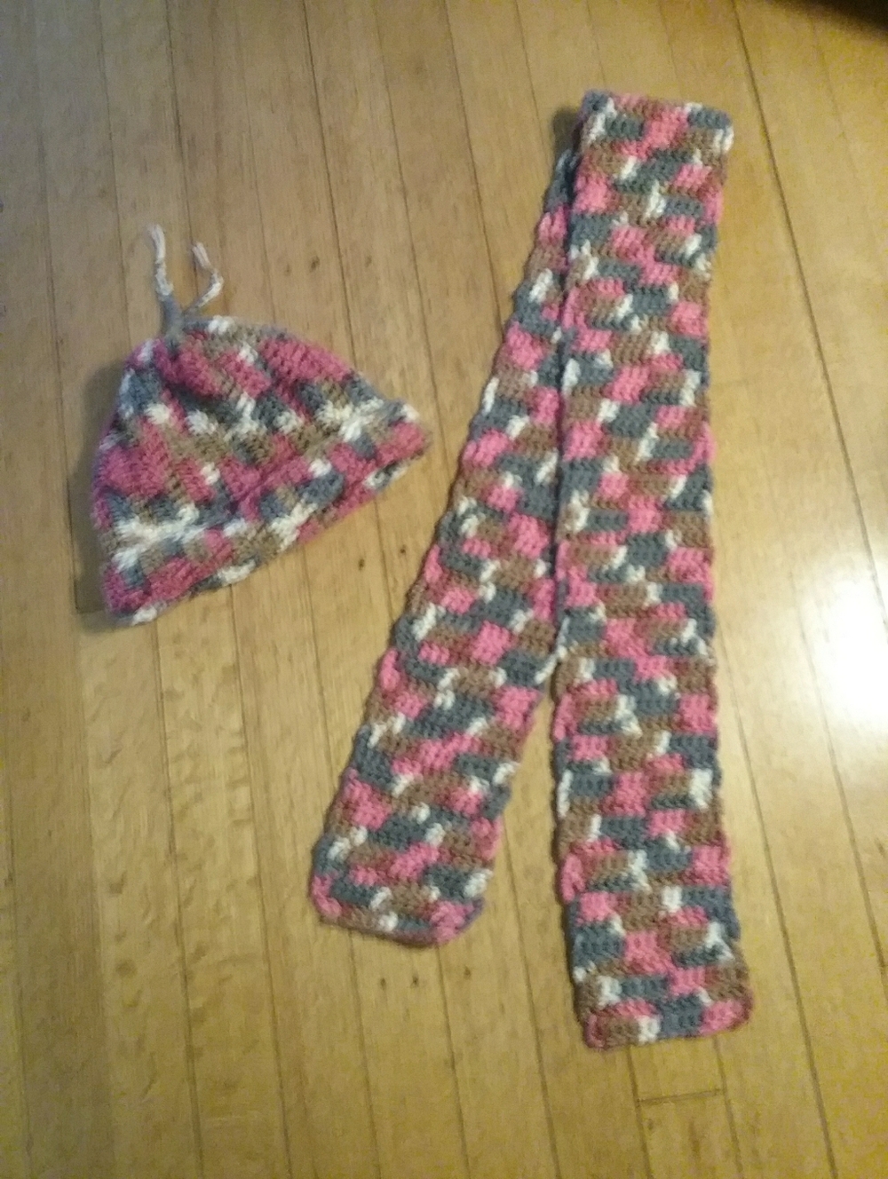 Kids Pink Gray Multicolor Handmade Crochet Hat and Scarf Set